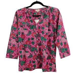 NWT Anokhi Artisan Blouse Tunic Top Floral Pink Green 3/4 Sleeves Cotton Size XS
